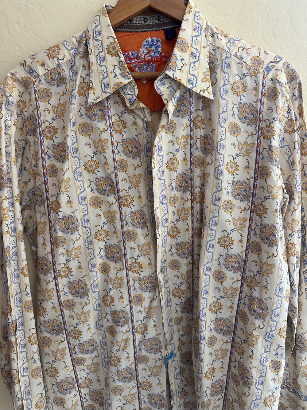 Robert Graham Cream Shirt with Blue and Tan Floral Stripes